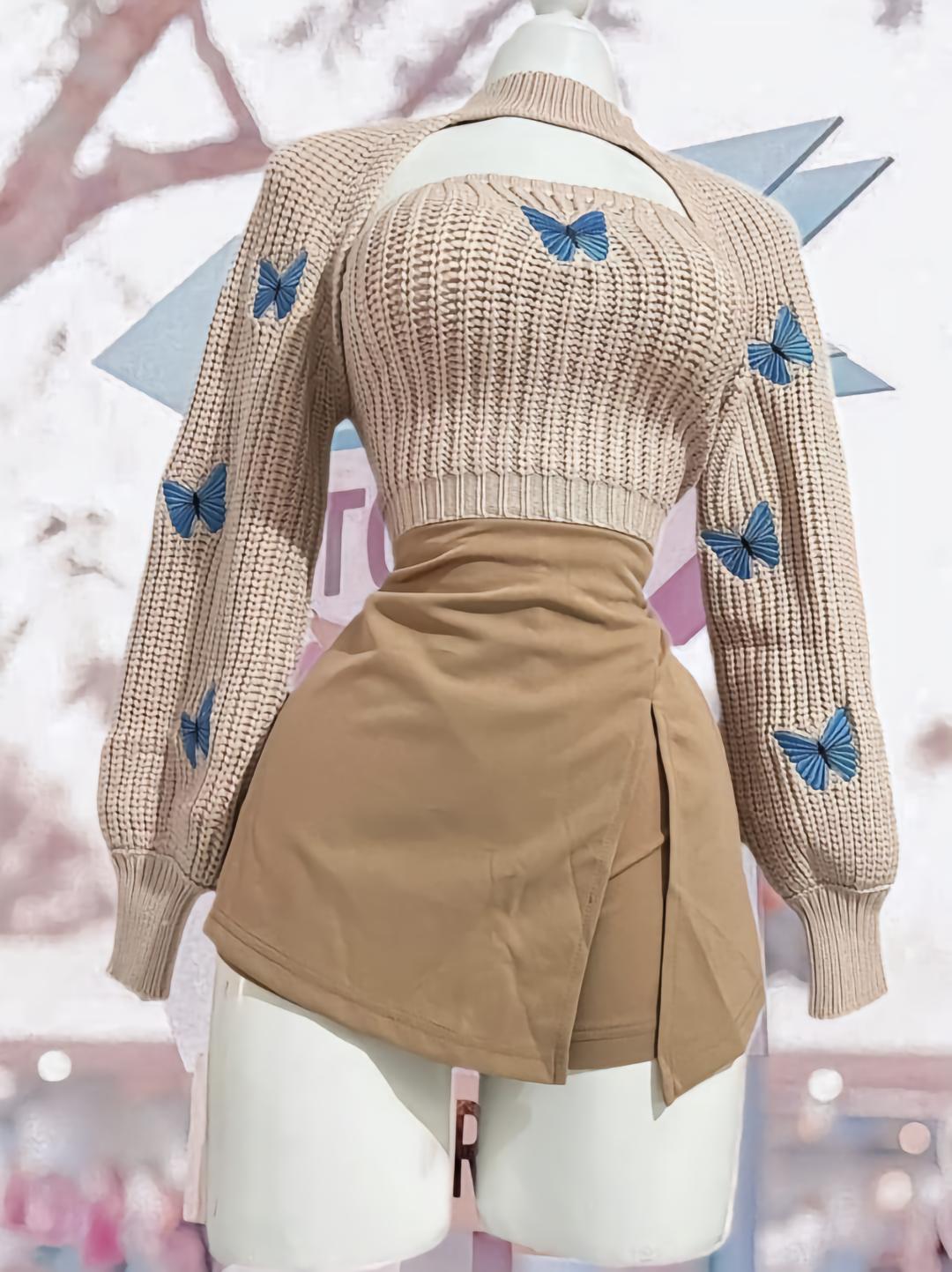 Butterfly knit top & Crop Shrug Sweater with a short skirt