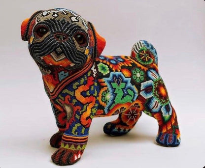 Huichol Pug dog statue lined with tiny beads