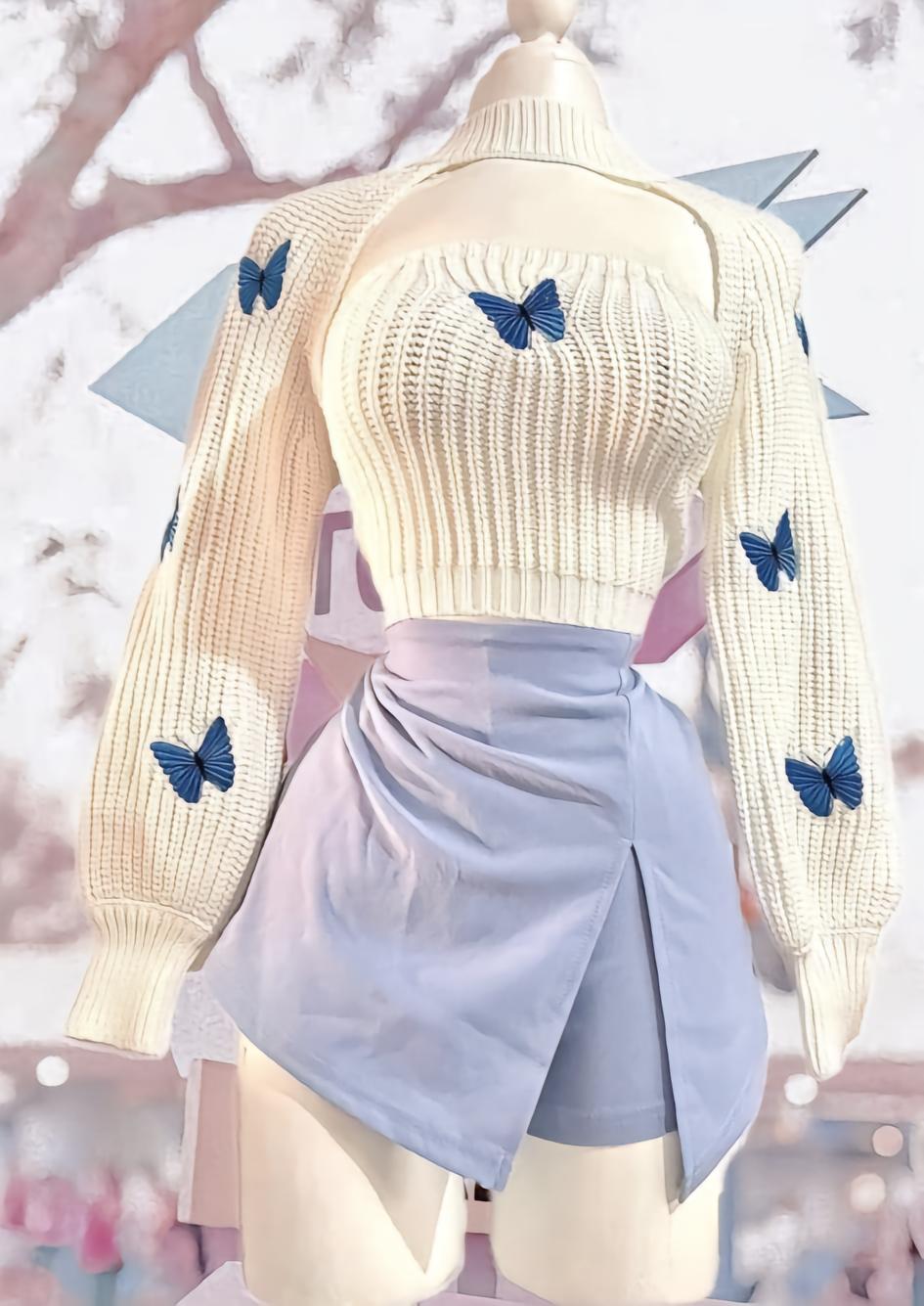 Butterfly knit top & Crop Shrug Sweater with a short skirt