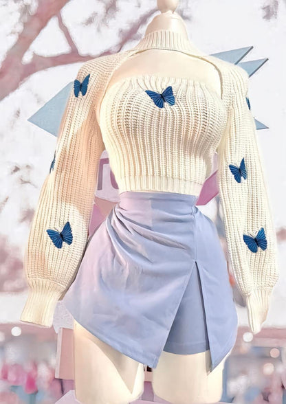 Butterfly knit top & Crop Shrug Sweater with a short skirt