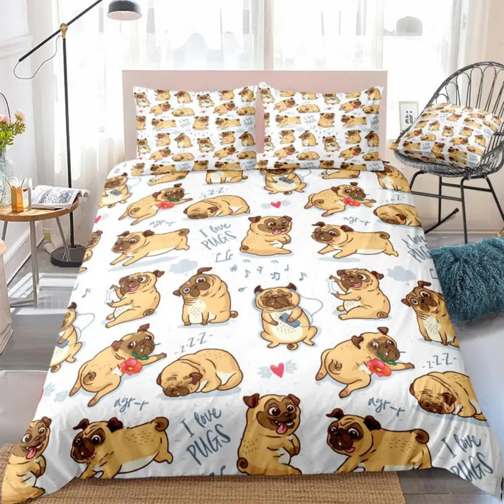 3 Pieces Pugs Bedding Cover Set