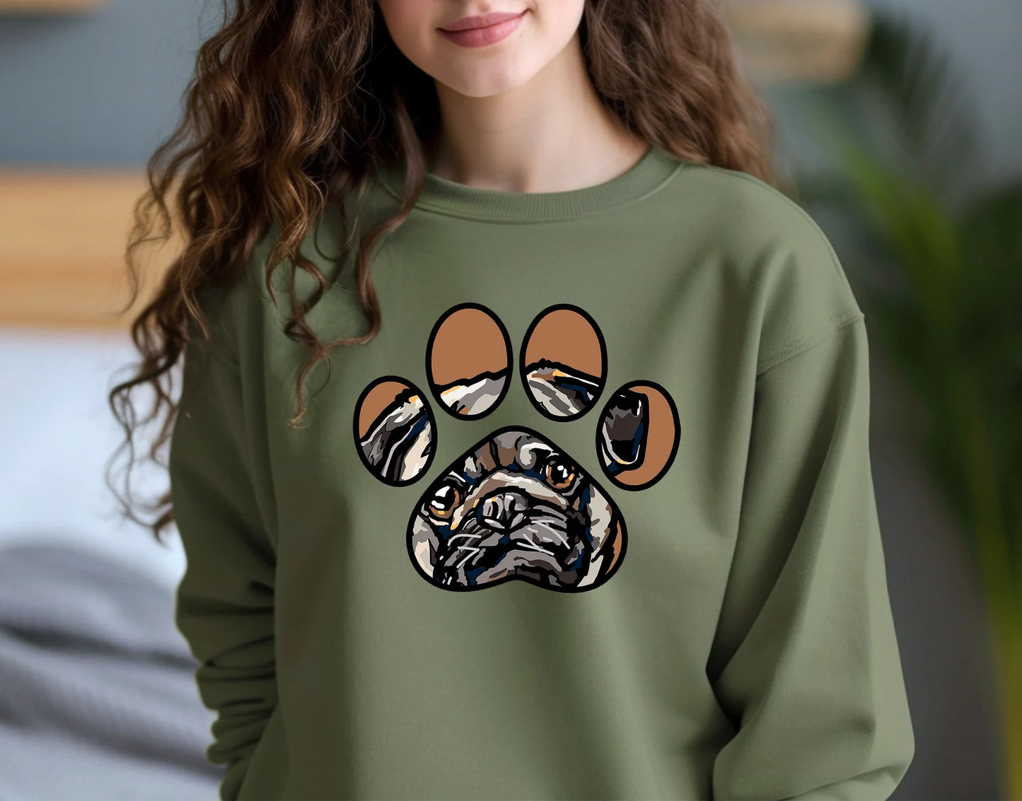 Pug sweatshirt hand drawn design full color graphic