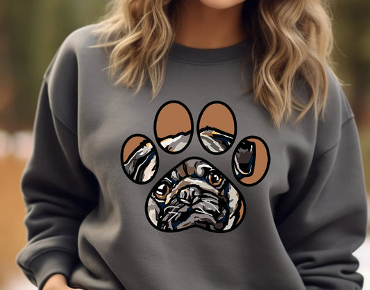 Pug sweatshirt hand drawn design full color graphic